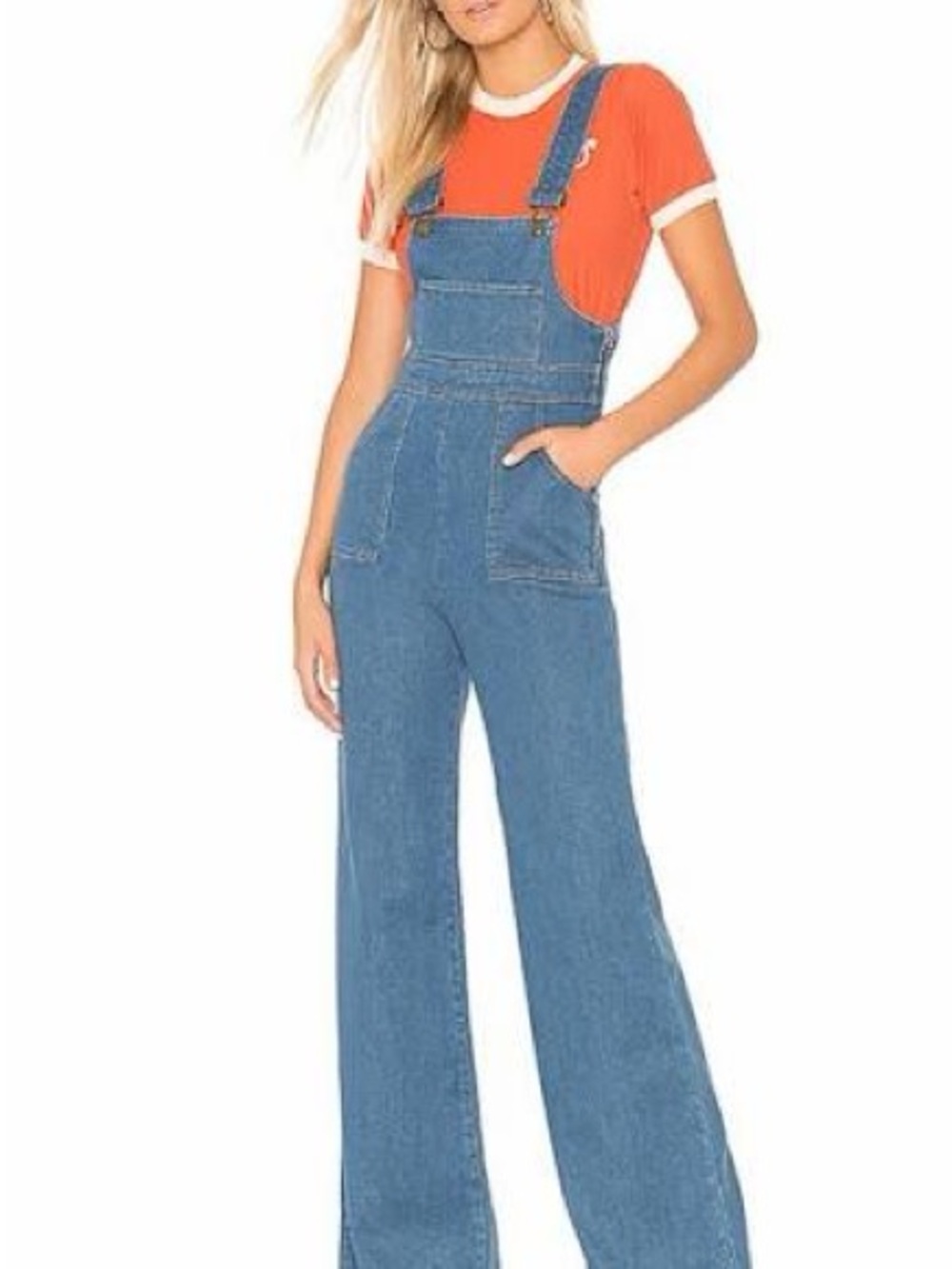 Stoned Immaculate Denim Wide-Leg Overalls with Orange Tee
